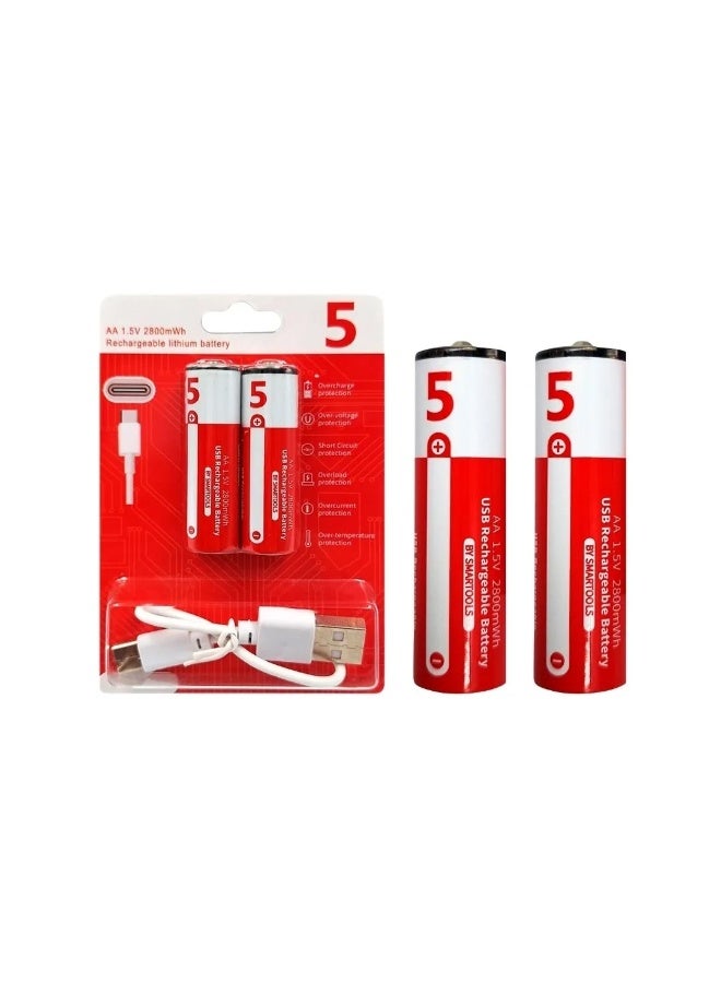 BEST ONE AA Rechargeable Lithium Batteries 2 Pack, 1.5V 2800mWh USB-C Rechargeable AA Batteries with USB Type-C Charging Cable, Constant 1.5V Output, Fast Charging, Compatible for Camera, Xbox Controller, Mouse, Keyboard, Toys & More - Image 1