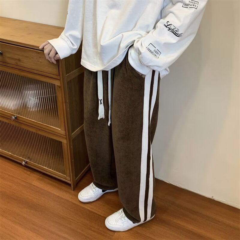 Mens Retro Stripe Casual Loose Sweatpants brown 