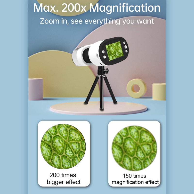 Kids Microscope Kit: Blue 2.0" IPS HD Screen 5x Manual Zoom 200x Magnification - Portable Digital Microscope With 1000mAh Rechargeable Battery Camera Function for Kids 4-6 Indoor Outdoor Exploration - Image 2