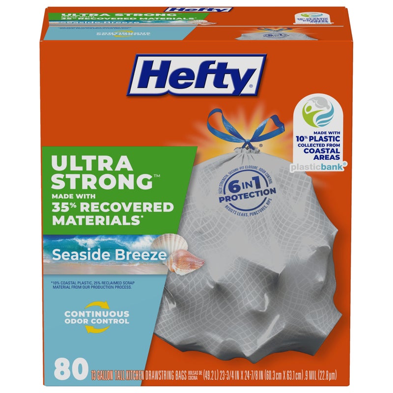 Hefty Ultra Strong 13 Gallon Trash Bags, Tall Kitchen Trash Bags Made with Recovered Materials, Including Coastal Plastic, Drawstring, Resists Leaks and Punctures, Gray, Seaside Breeze Scent, 80 Bags - Image 1