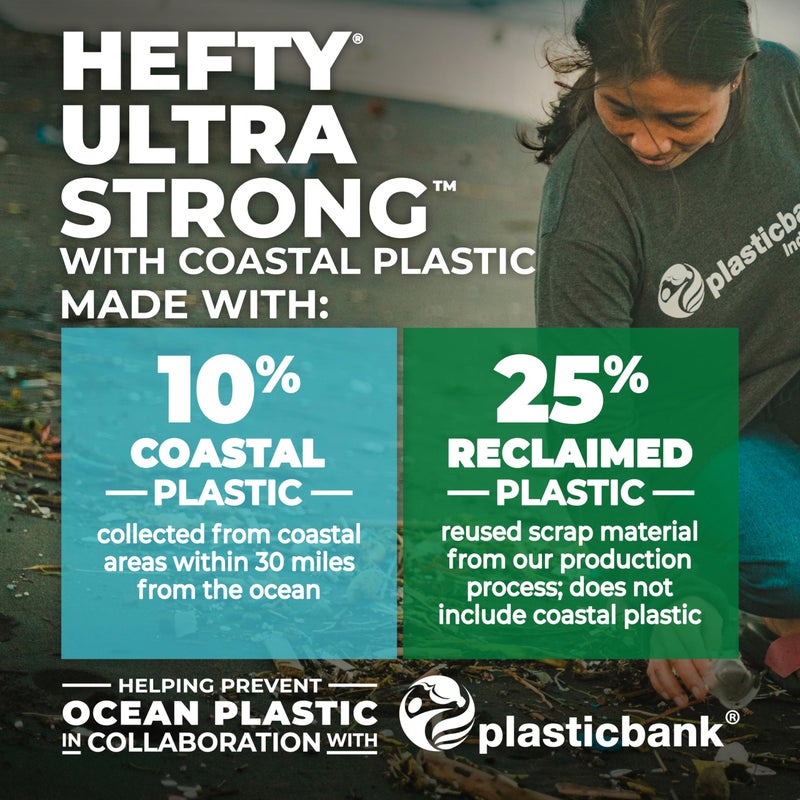 Hefty Ultra Strong 13 Gallon Trash Bags, Tall Kitchen Trash Bags Made with Recovered Materials, Including Coastal Plastic, Drawstring, Resists Leaks and Punctures, Gray, Seaside Breeze Scent, 80 Bags - Image 5