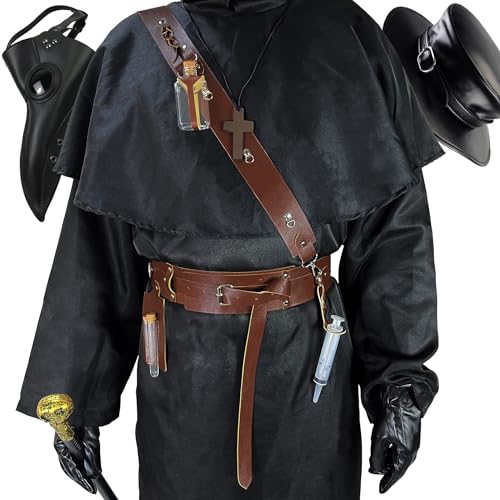 Absolute Vibe Plague Doctor Costume Set Halloween Props Renaissance Medieval Monk Priest Cosplay Outfit Mask Hat Robe Cane (Brown, L) - Image 2