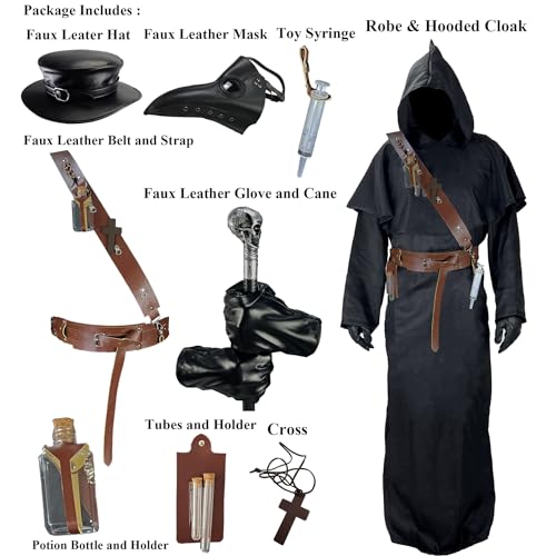 Absolute Vibe Plague Doctor Costume Set Halloween Props Renaissance Medieval Monk Priest Cosplay Outfit Mask Hat Robe Cane (Brown, L) - Image 3