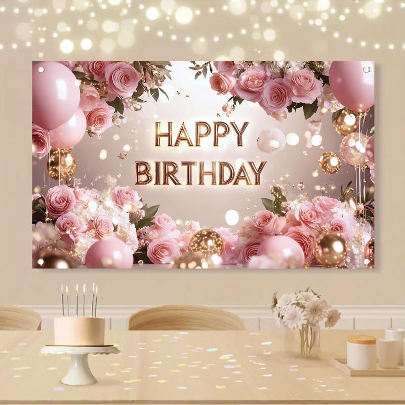 Saoplasa Pink Rose Happy Birthday Backdrop Banner Gold Letters Floral Photography Background Girls Birthday Party Decorations Elegant Party Supplies Photo Booth Props 71x43 Inch - Image 5