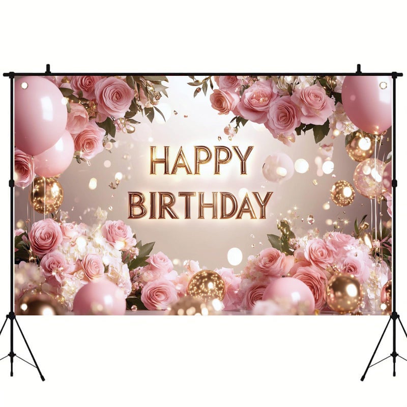 Saoplasa Pink Rose Happy Birthday Backdrop Banner Gold Letters Floral Photography Background Girls Birthday Party Decorations Elegant Party Supplies Photo Booth Props 71x43 Inch - Image 4