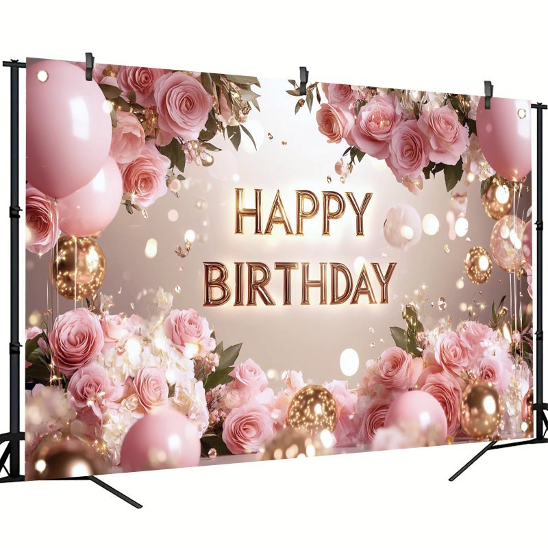 Saoplasa Pink Rose Happy Birthday Backdrop Banner Gold Letters Floral Photography Background Girls Birthday Party Decorations Elegant Party Supplies Photo Booth Props 71x43 Inch - Image 3