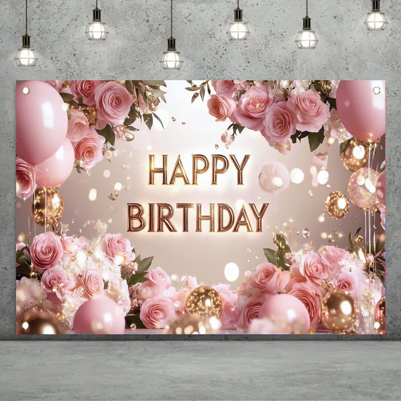Saoplasa Pink Rose Happy Birthday Backdrop Banner Gold Letters Floral Photography Background Girls Birthday Party Decorations Elegant Party Supplies Photo Booth Props 71x43 Inch - Image 2