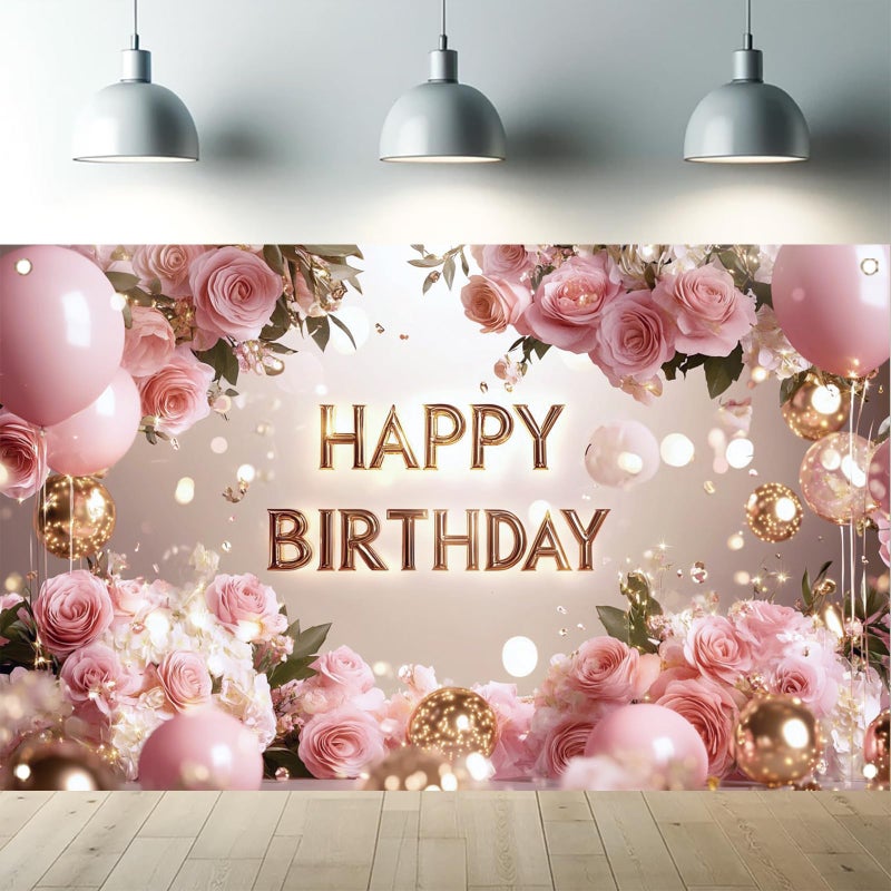 Saoplasa Pink Rose Happy Birthday Backdrop Banner Gold Letters Floral Photography Background Girls Birthday Party Decorations Elegant Party Supplies Photo Booth Props 71x43 Inch - Image 1