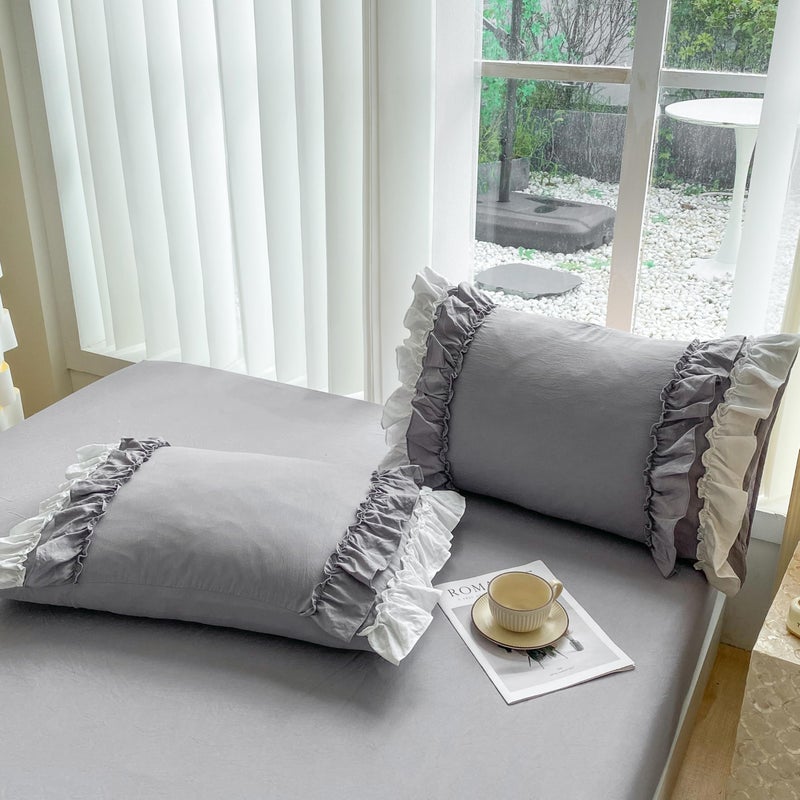SOUKECHY Shabby Chic 3 Pieces Bedding,Vintage Ruffled Queen Duvet Cover Set with 2 Layers Ruffles,Soft Brushed Microfiber Set with Zipper Closure,Lightweight Duvet Cover Set-Gray,Queen - Image 4