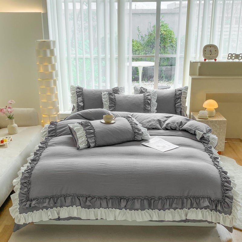 SOUKECHY Shabby Chic 3 Pieces Bedding,Vintage Ruffled Queen Duvet Cover Set with 2 Layers Ruffles,Soft Brushed Microfiber Set with Zipper Closure,Lightweight Duvet Cover Set-Gray,Queen - Image 2