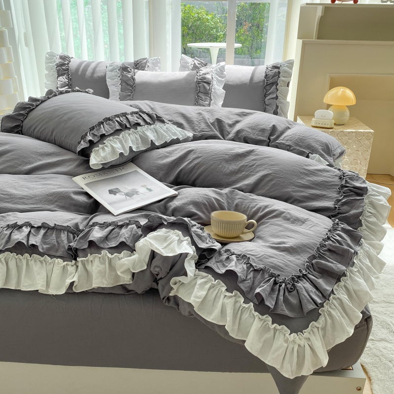 SOUKECHY Shabby Chic 3 Pieces Bedding,Vintage Ruffled Queen Duvet Cover Set with 2 Layers Ruffles,Soft Brushed Microfiber Set with Zipper Closure,Lightweight Duvet Cover Set-Gray,Queen - Image 1