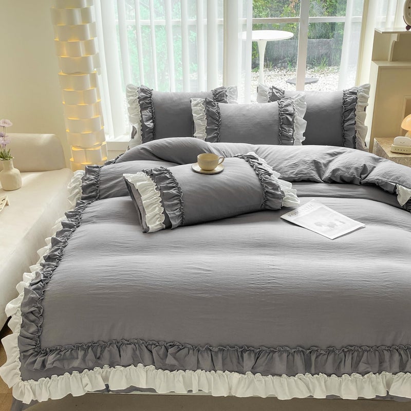 SOUKECHY Shabby Chic 3 Pieces Bedding,Vintage Ruffled Queen Duvet Cover Set with 2 Layers Ruffles,Soft Brushed Microfiber Set with Zipper Closure,Lightweight Duvet Cover Set-Gray,Queen - Image 3