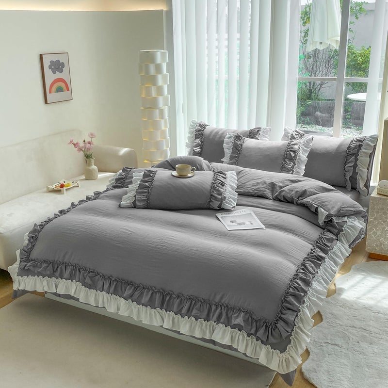 SOUKECHY Shabby Chic 3 Pieces Bedding,Vintage Ruffled Queen Duvet Cover Set with 2 Layers Ruffles,Soft Brushed Microfiber Set with Zipper Closure,Lightweight Duvet Cover Set-Gray,Queen - Image 5
