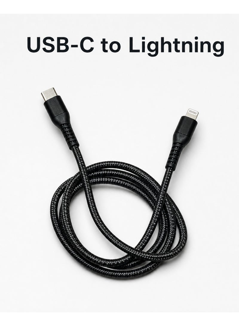 كابل شحن سريع مضفر USB-C إلى لايتنينج بطول 100 سم أسود - Image 1