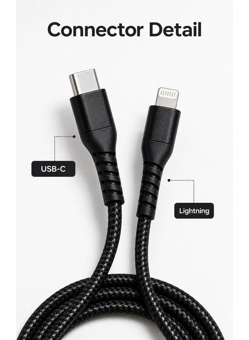 كابل شحن سريع مضفر USB-C إلى لايتنينج بطول 100 سم أسود - Image 2
