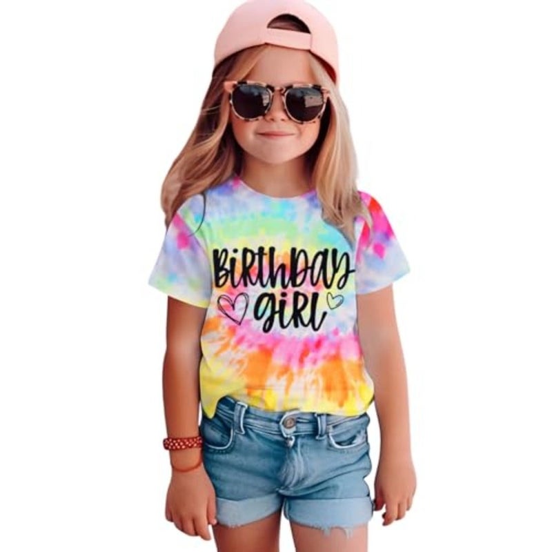 BOUTIKOME عيد ميلاد فتاة قميص طفل الفتيات التعادل صبغ تي شيرت عيد ميلاد الزي تيشيرت صيفي B-Day هدية حفلة علوية 1-10 سنة - Image 1