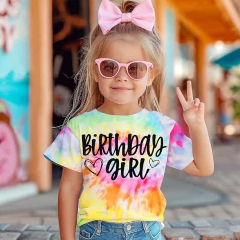 BOUTIKOME عيد ميلاد فتاة قميص طفل الفتيات التعادل صبغ تي شيرت عيد ميلاد الزي تيشيرت صيفي B-Day هدية حفلة علوية 1-10 سنة - Image 2