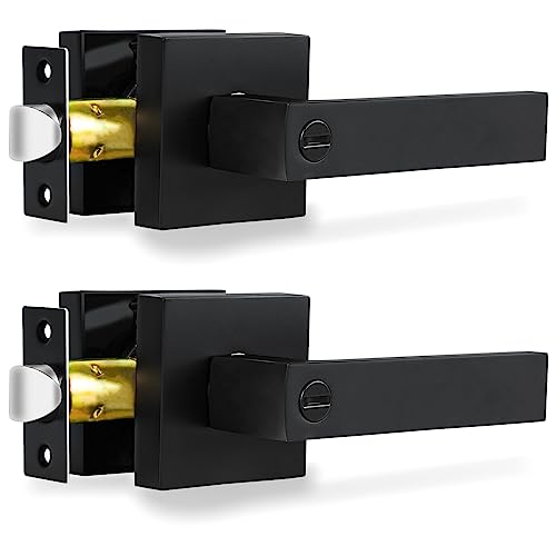 RAZCC Privacy Interior Door Lever, 2 Pack Heavy Duty Matte Black Door Handles Square Door Knobs for Bedroom & Bathroom Keyless Door Lock Handles for Right & Left Sided Doors - Image 1