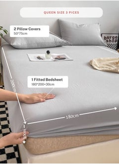 LUNA Home 3-Piece Set: queen-size fitted bedsheet and two pillowcases, washable cotton in a light grey color.  - Image 2