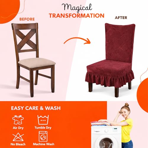 Homerz Premium Pack of 6 Stretchable Dining Chair Cover with Frill Skirt | Embossed Geometric Printed Elastic Chair Seat Protector Slipcover (Marooon, Pack of 6) - Image 4