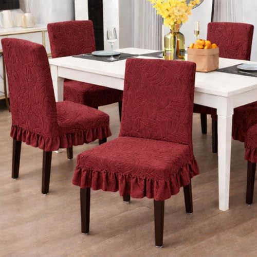 Homerz Premium Pack of 6 Stretchable Dining Chair Cover with Frill Skirt | Embossed Geometric Printed Elastic Chair Seat Protector Slipcover (Marooon, Pack of 6) - Image 1
