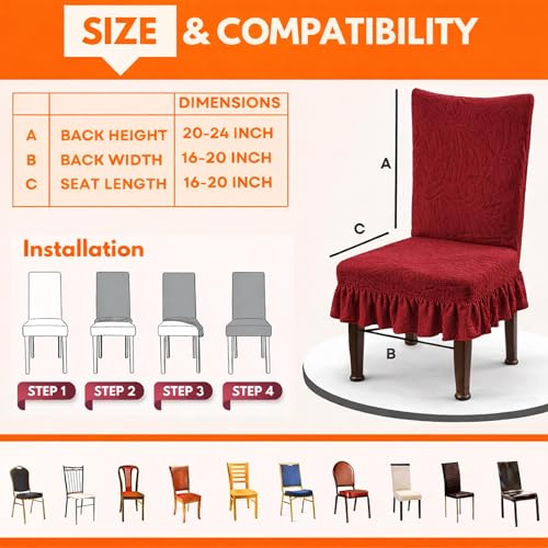 Homerz Premium Pack of 6 Stretchable Dining Chair Cover with Frill Skirt | Embossed Geometric Printed Elastic Chair Seat Protector Slipcover (Marooon, Pack of 6) - Image 5