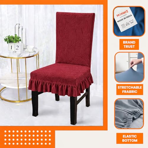 Homerz Premium Pack of 6 Stretchable Dining Chair Cover with Frill Skirt | Embossed Geometric Printed Elastic Chair Seat Protector Slipcover (Marooon, Pack of 6) - Image 2