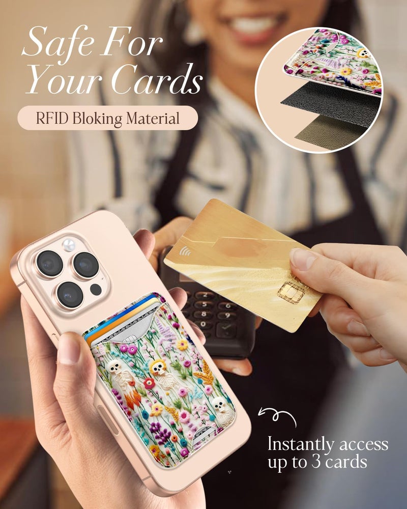 Shorogyt Compatible with Magsafe Wallet Magnetic Card Holder - Skull Flower Phone Wallets for Women Teen Girls Cute for iPhone 17/16/15/14/13/12 Series Slim for Apple Mag RFID Magnet, Fit 3 Cards - Image 5