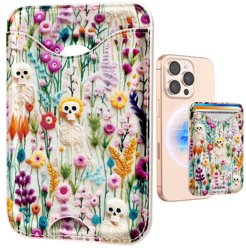 Shorogyt Compatible with Magsafe Wallet Magnetic Card Holder - Skull Flower Phone Wallets for Women Teen Girls Cute for iPhone 17/16/15/14/13/12 Series Slim for Apple Mag RFID Magnet, Fit 3 Cards - Image 1
