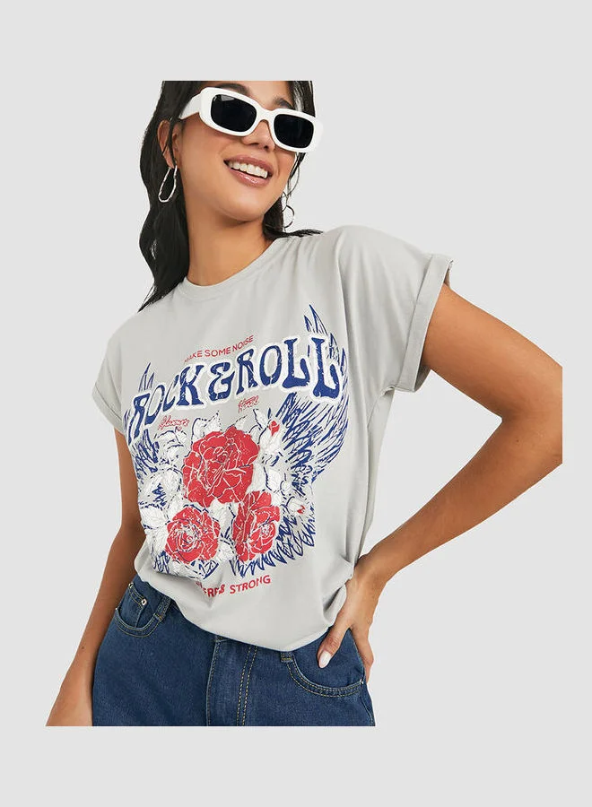 Styli Roll Up Sleeves Rock and Roll Graphic Print Oversized T-shirt
