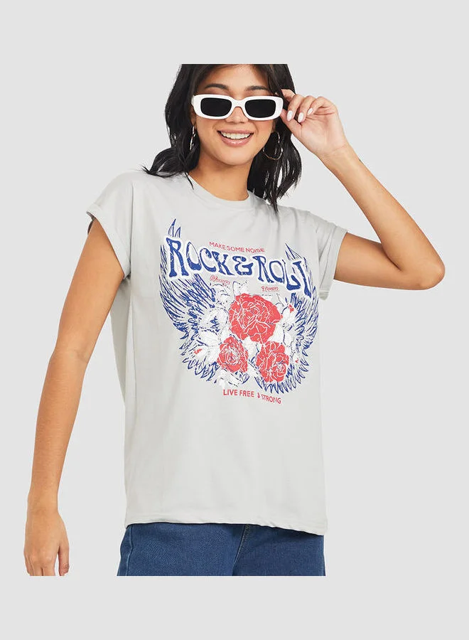 Styli Roll Up Sleeves Rock and Roll Graphic Print Oversized T-shirt