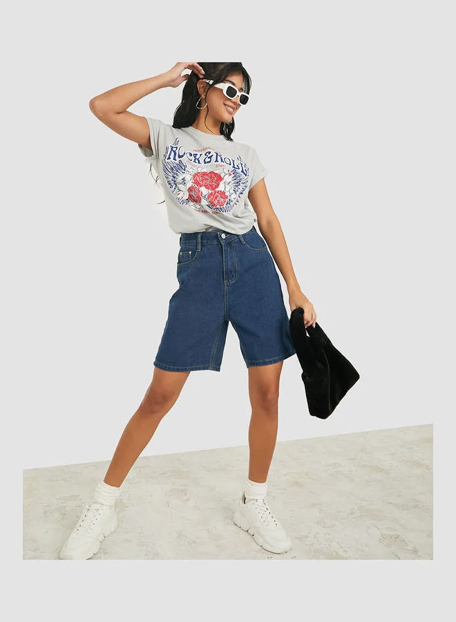 Styli Roll Up Sleeves Rock and Roll Graphic Print Oversized T-shirt