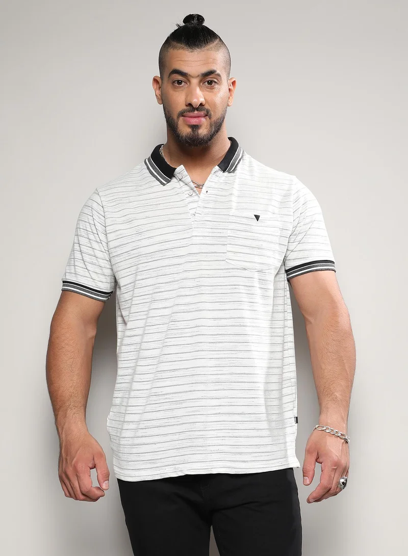 Instafab Plus Men's Light Grey Horizontal Striped Polo T-Shirt For Casual Wear | Spread Collar | Short Sleeve | Half-Button Closure | T-Shirt Crafted With Comfort Fit For Everyday Wear