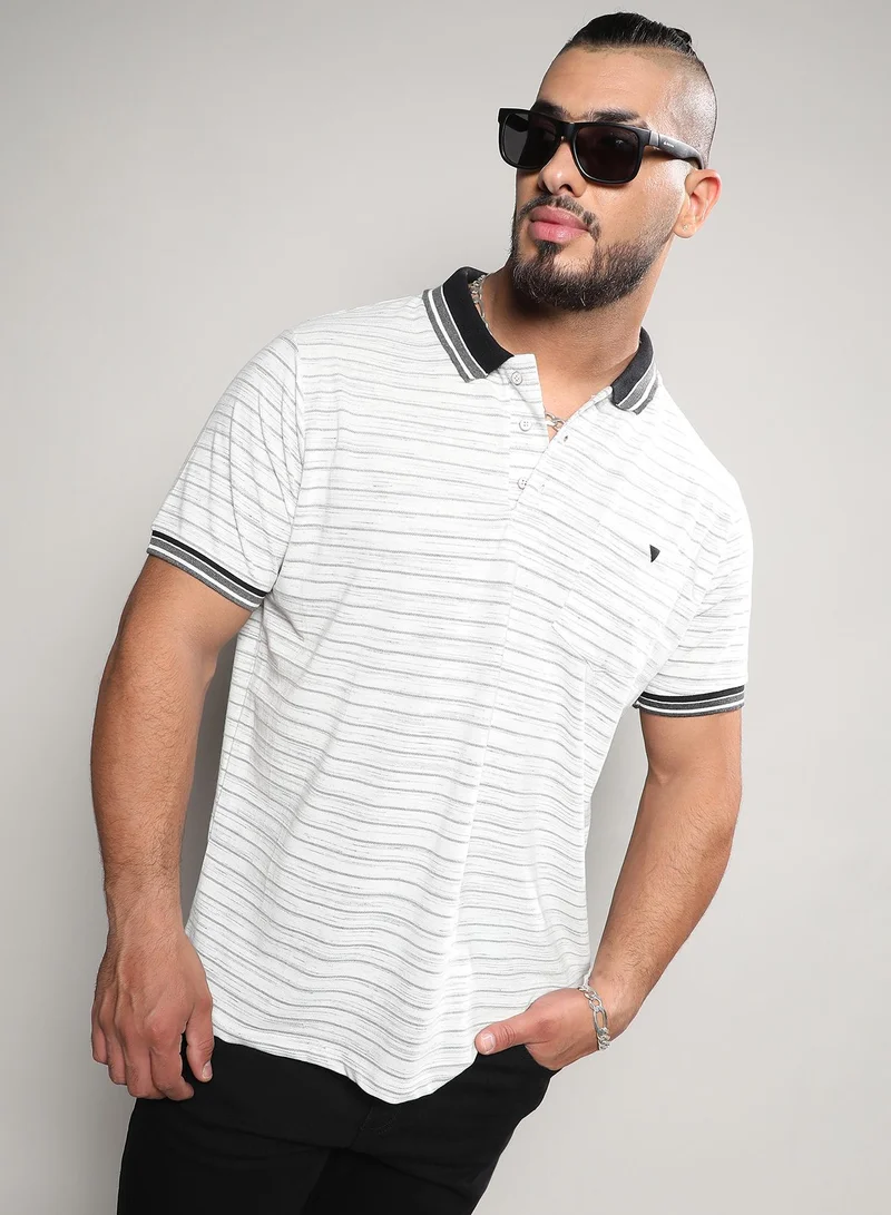 انستافاب بلس Men's Light Grey Horizontal Striped Polo T-Shirt For Casual Wear | Spread Collar | Short Sleeve | Half-Button Closure | T-Shirt Crafted With Comfort Fit For Everyday Wear