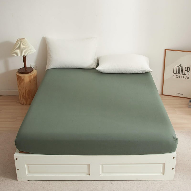 Ruccit Sage Green Fitted Sheet Double Extra Deep 41CM Washed Cotton Fitted Bed Sheet Green Allaround Lasting Elastic Deep Fit Solid Double Bottom Sheet OnlySoftDurableEasy Care
