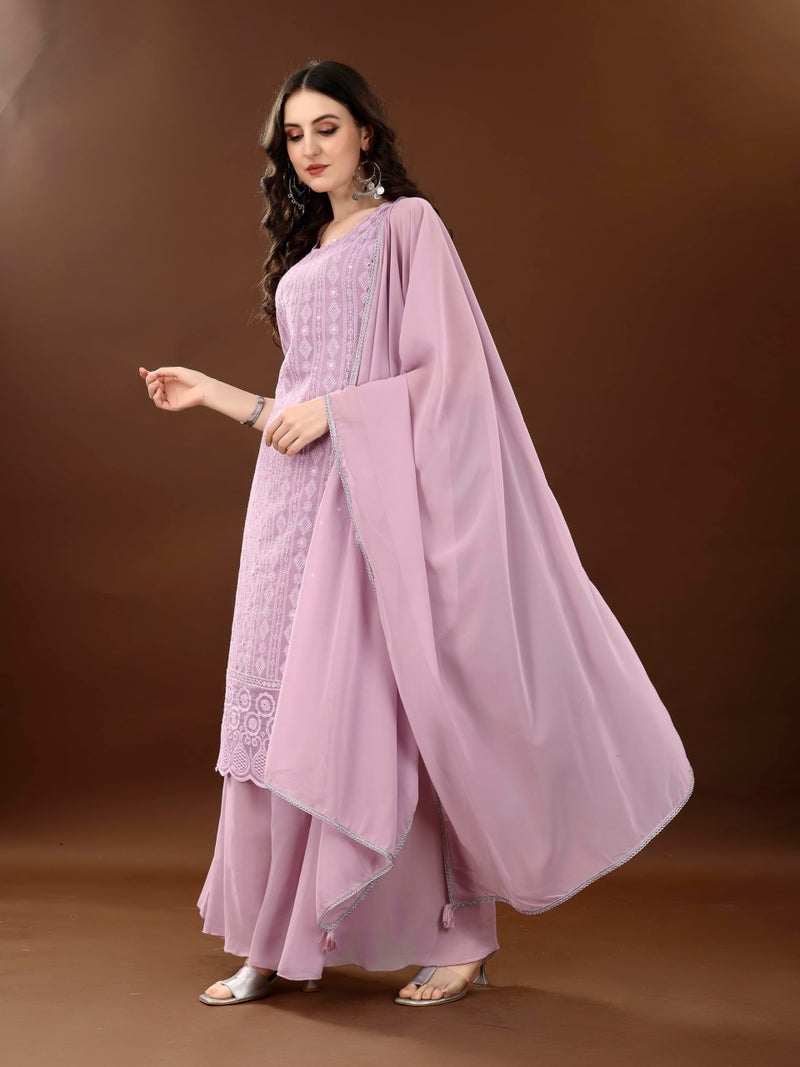 SHOPPING QUEEN Women's Georgette Embroidered Kurta Palazzo with Dupatta (A548_Light Purple_S) - Image 3