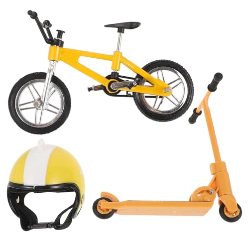 Lurrose 1 Set Miniature Bicycle Scooter Set Model Helmet Mini Finger Bike Toy Micro Landscape Ornament Miniature Garden Accessory 112 Scale Yellow - Image 1