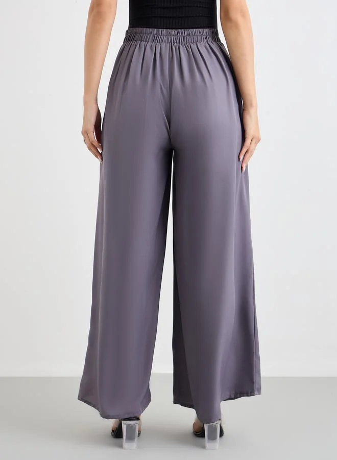 Styli Flowy Wide Leg Pants with Half Elastic Waistband