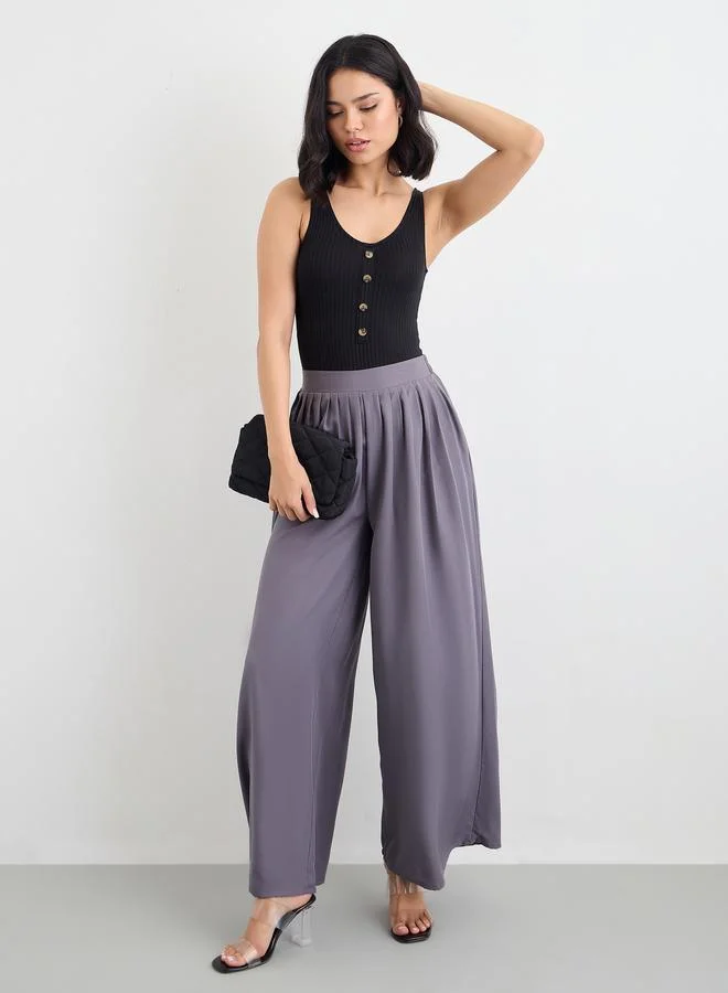 Styli Flowy Wide Leg Pants with Half Elastic Waistband