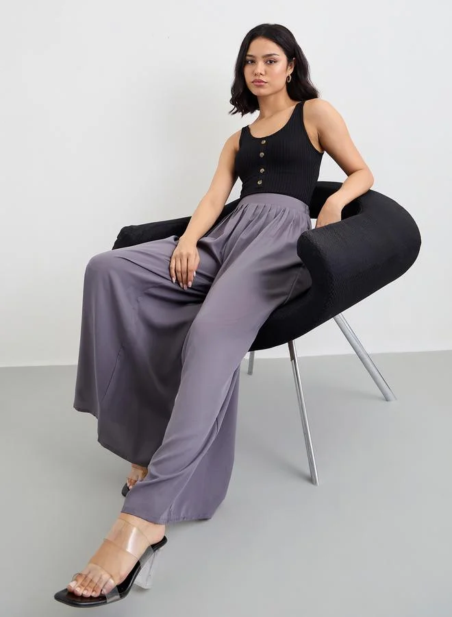 Styli Flowy Wide Leg Pants with Half Elastic Waistband