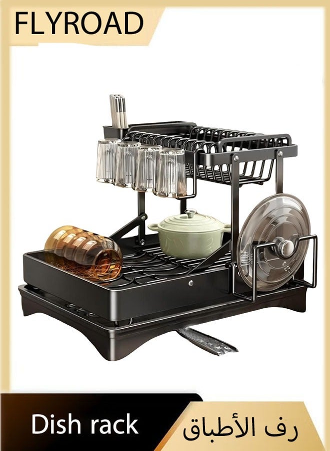 FLYROAD Extendable Dish Drying Rack, Stainless Steel Dish Rack with Drainboard, Detachable Kitchen Dish Drainers, 2-Tier Large-Capacity Dish Rack, Dish Racks for Kitchen Counter, Black - Image 1