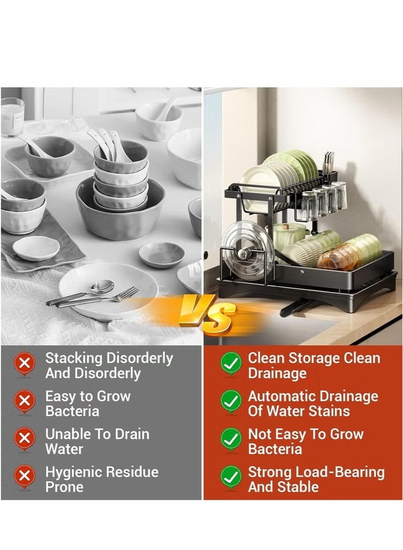 FLYROAD Extendable Dish Drying Rack, Stainless Steel Dish Rack with Drainboard, Detachable Kitchen Dish Drainers, 2-Tier Large-Capacity Dish Rack, Dish Racks for Kitchen Counter, Black - Image 3