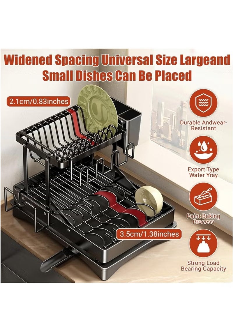 FLYROAD Extendable Dish Drying Rack, Stainless Steel Dish Rack with Drainboard, Detachable Kitchen Dish Drainers, 2-Tier Large-Capacity Dish Rack, Dish Racks for Kitchen Counter, Black - Image 4