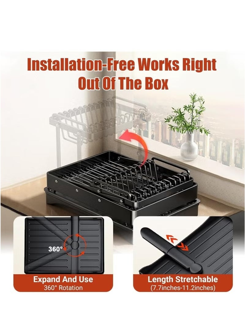 FLYROAD Extendable Dish Drying Rack, Stainless Steel Dish Rack with Drainboard, Detachable Kitchen Dish Drainers, 2-Tier Large-Capacity Dish Rack, Dish Racks for Kitchen Counter, Black - Image 5