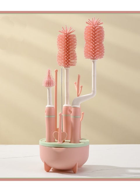 Baby Bottle Cleaning Brush Set for Travel, 5 In 1 Bottle Cleaning Brush Kit with Silicone Bottle Brush/Nipple Brush/Straw Cleaning Brush/Baby Bottle Drying Rack, Portable Baby Feeding Bottle Cleaner