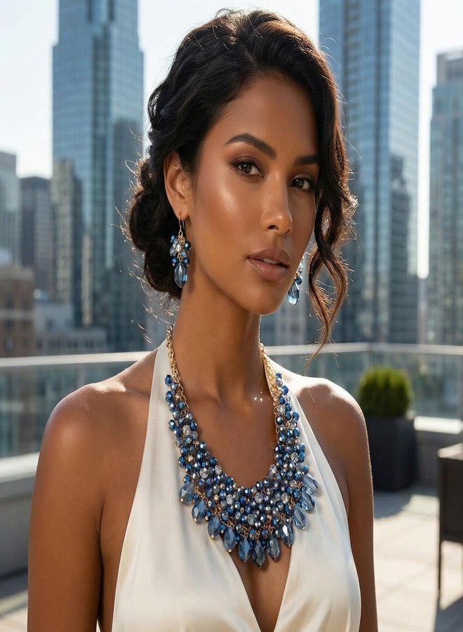 بوكار طقم عقد كريستال بوكار للنساء، متعدد الطبقات، بتصميم سميك، مع أقراط متناسقة، هدية مثالية للنساء (NK-10817-أزرق داكن-طقم) - Image 2