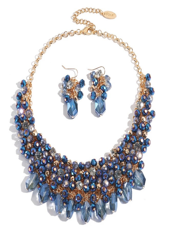 بوكار طقم عقد كريستال بوكار للنساء، متعدد الطبقات، بتصميم سميك، مع أقراط متناسقة، هدية مثالية للنساء (NK-10817-أزرق داكن-طقم) - Image 1