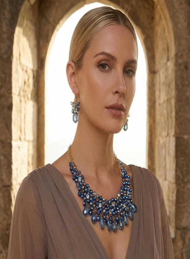بوكار طقم عقد كريستال بوكار للنساء، متعدد الطبقات، بتصميم سميك، مع أقراط متناسقة، هدية مثالية للنساء (NK-10817-أزرق داكن-طقم) - Image 3