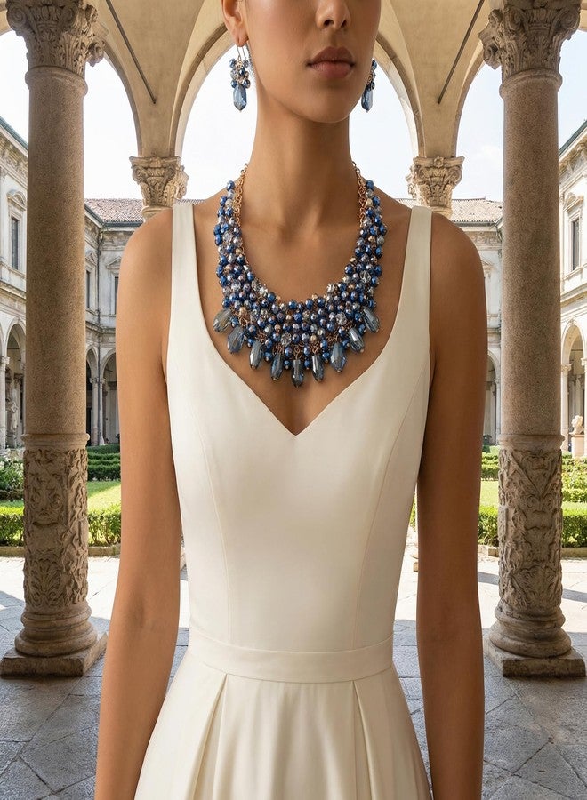 بوكار طقم عقد كريستال بوكار للنساء، متعدد الطبقات، بتصميم سميك، مع أقراط متناسقة، هدية مثالية للنساء (NK-10817-أزرق داكن-طقم) - Image 4