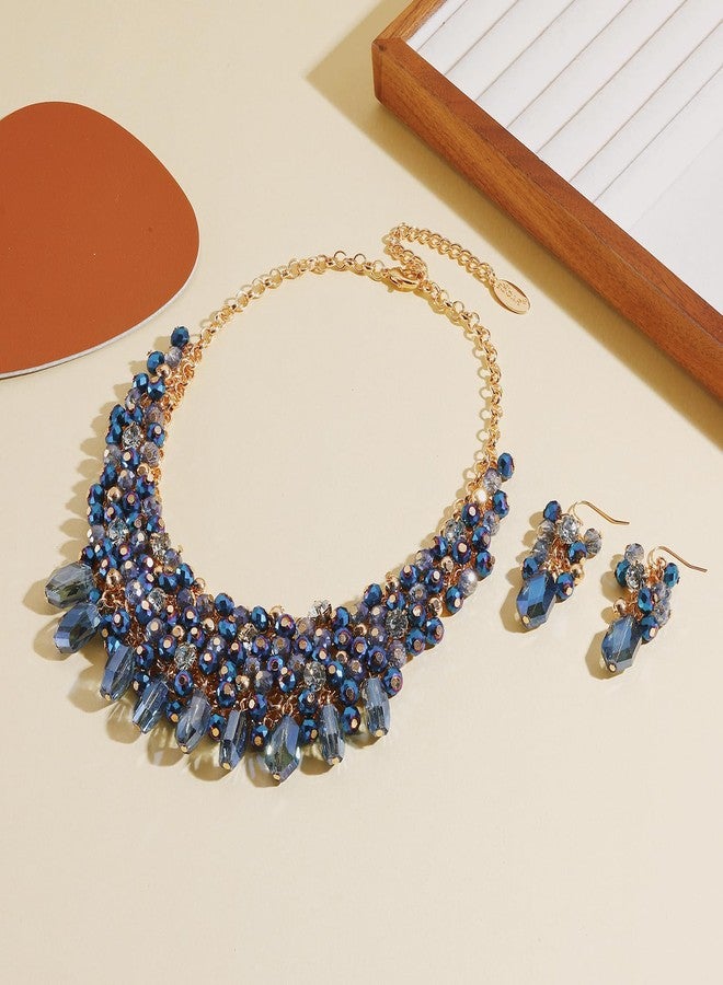 بوكار طقم عقد كريستال بوكار للنساء، متعدد الطبقات، بتصميم سميك، مع أقراط متناسقة، هدية مثالية للنساء (NK-10817-أزرق داكن-طقم) - Image 5